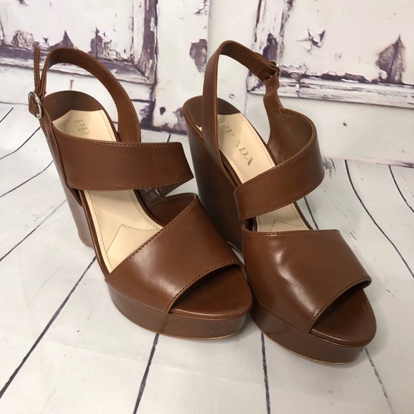 Prada Shoes - PRADA brown leather wedge platform heels Italy 37